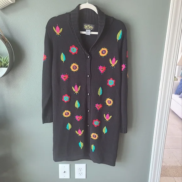 Bob Mackie Embroidered Button Down Duster Cardigan, Size Small - Picture 1 of 6